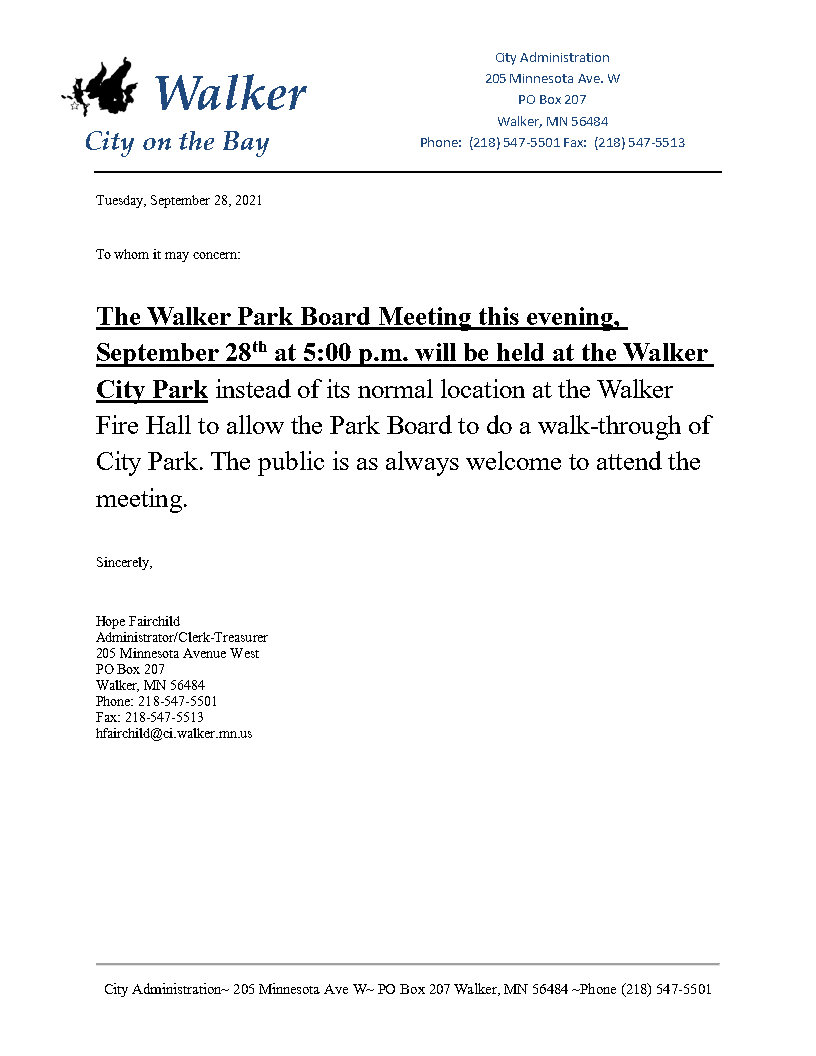 Notice of Different Location for Walker Park Board Meeting